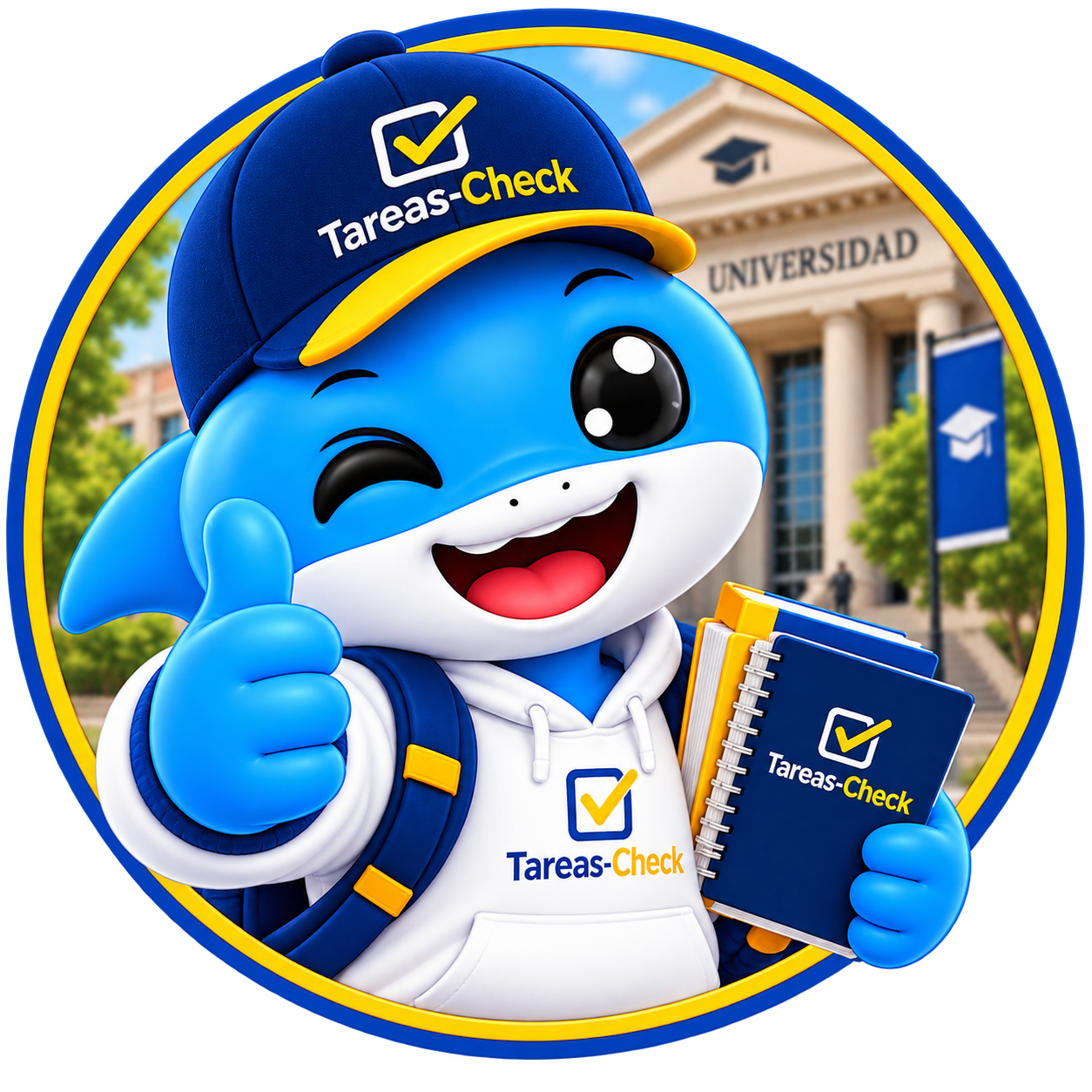 Mascota Tareas-Check frente a una universidad