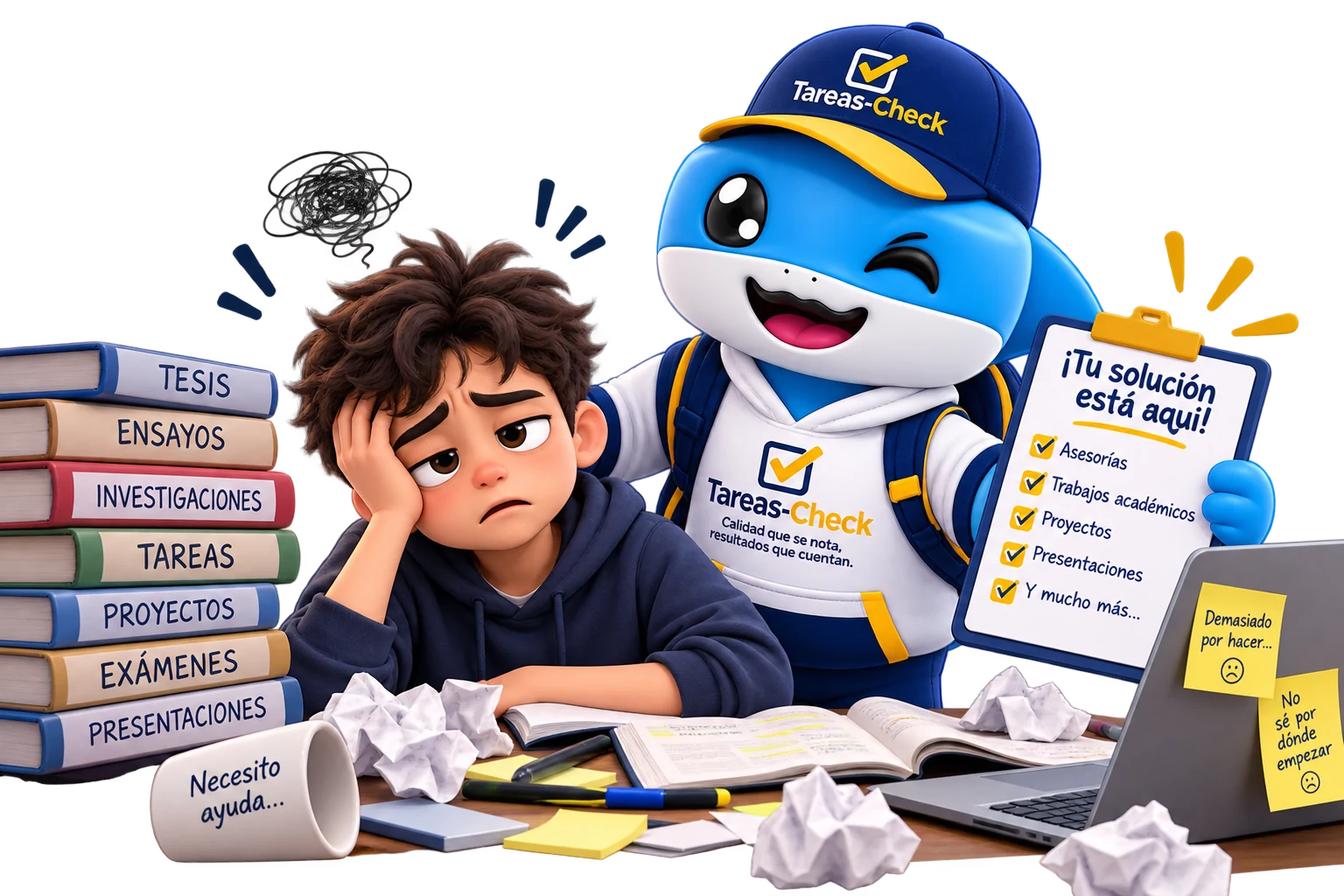 Acompañamiento académico Tareas-Check: estudiante con muchas tareas y mascota brindando una solución
