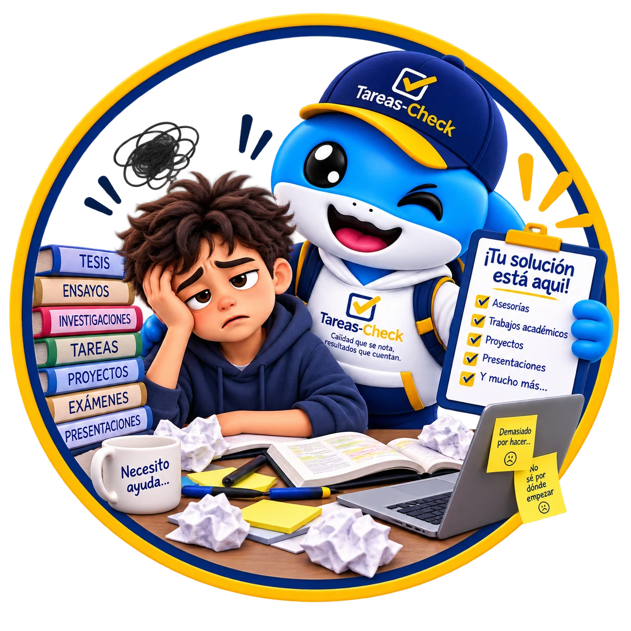 Estudiante recibiendo apoyo de la mascota Tareas-Check